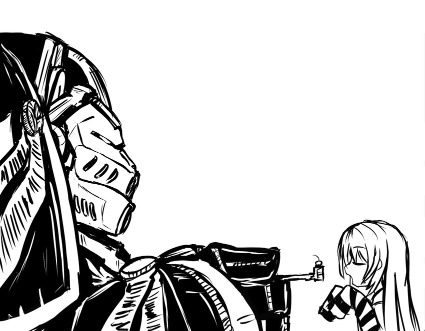 1girl armor cake closed_eyes food invader monochrome open_mouth power_armor space_marines terminator_armor warhammer_40k